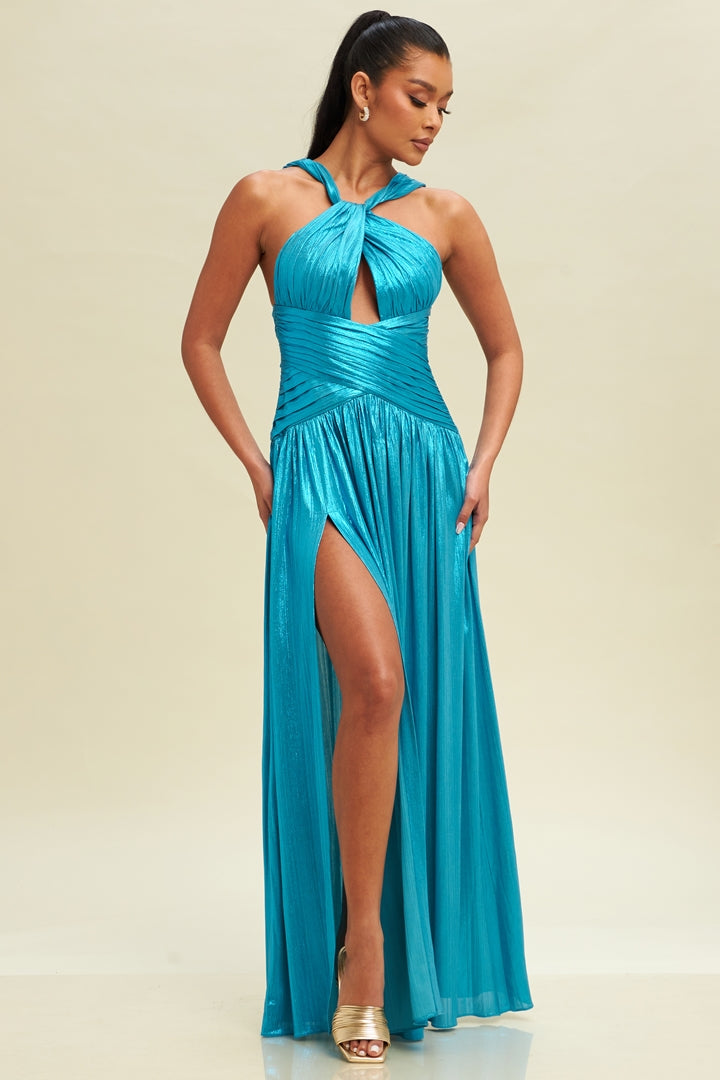 Ethereal Shores Pleated Metallic Gown-MAXI DRESS