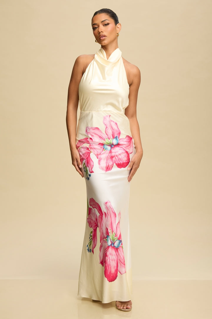 Paradise Petal Flower Halter Maxi Dress CREAM / Medium