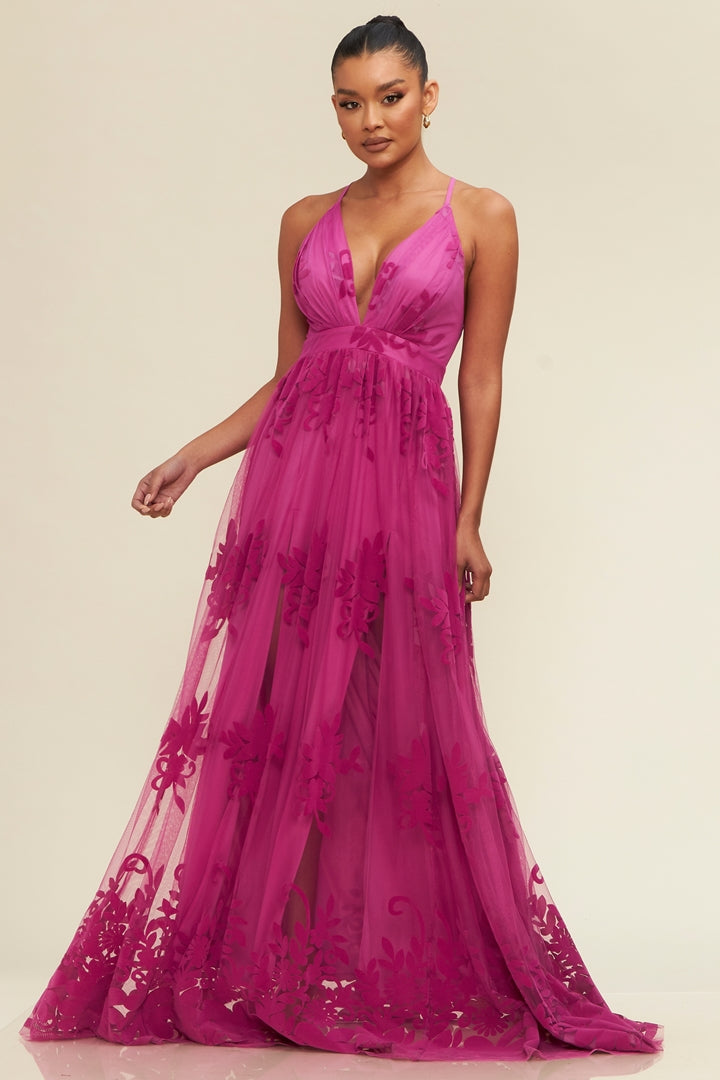 Floral Flocked Mesh Maxi Elegance