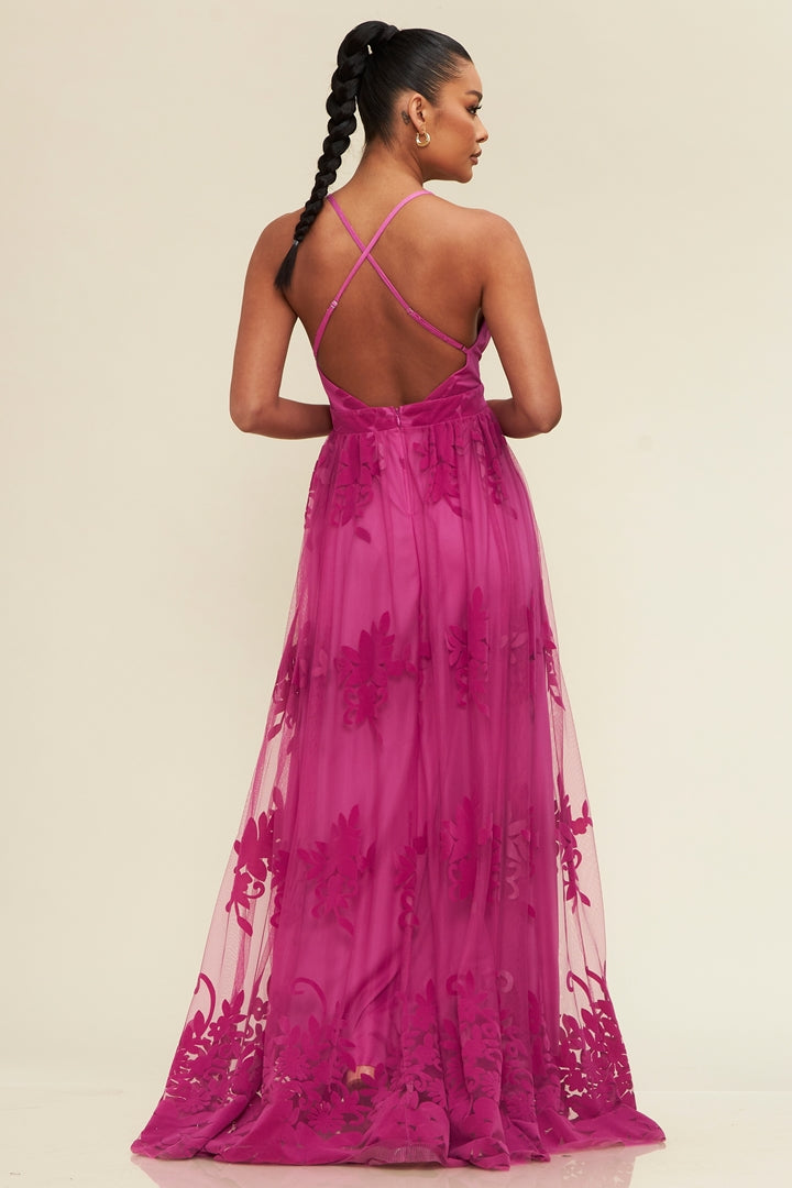 Floral Flocked Mesh Maxi Elegance