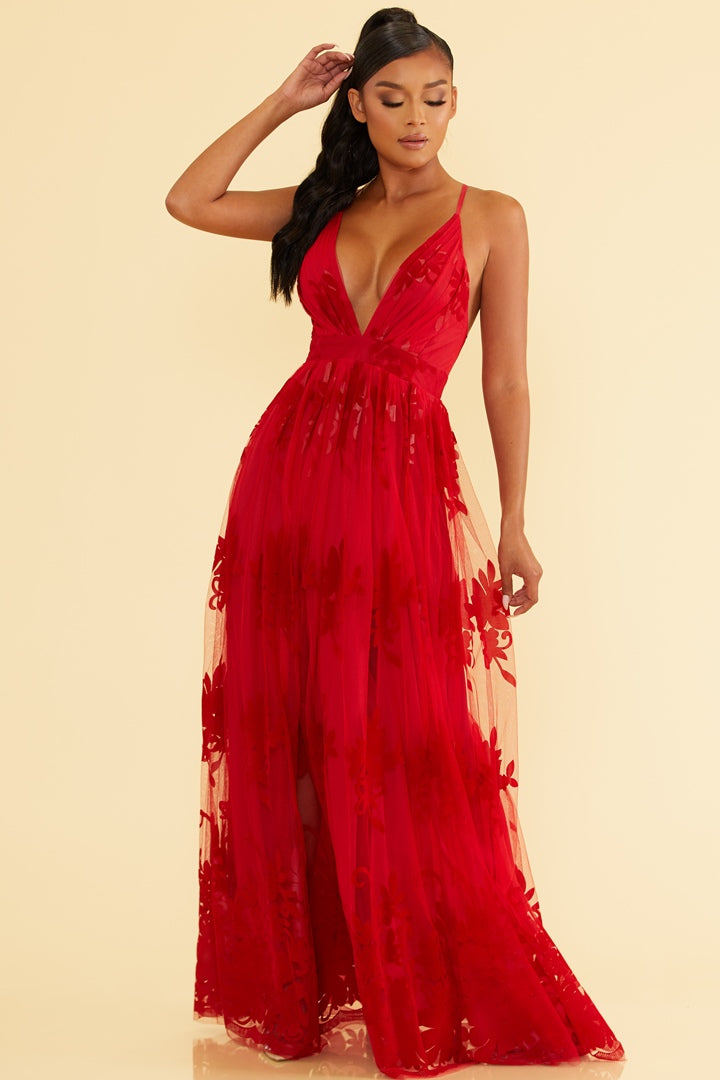 Floral Flocked Mesh Maxi Elegance