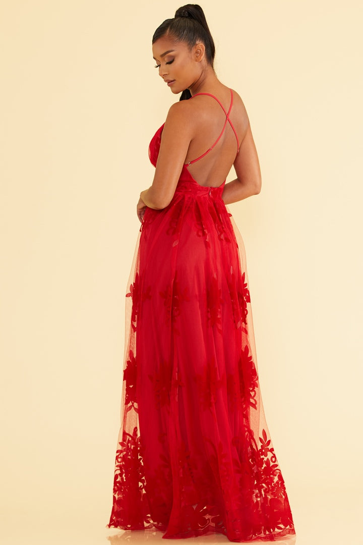 Floral Flocked Mesh Maxi Elegance