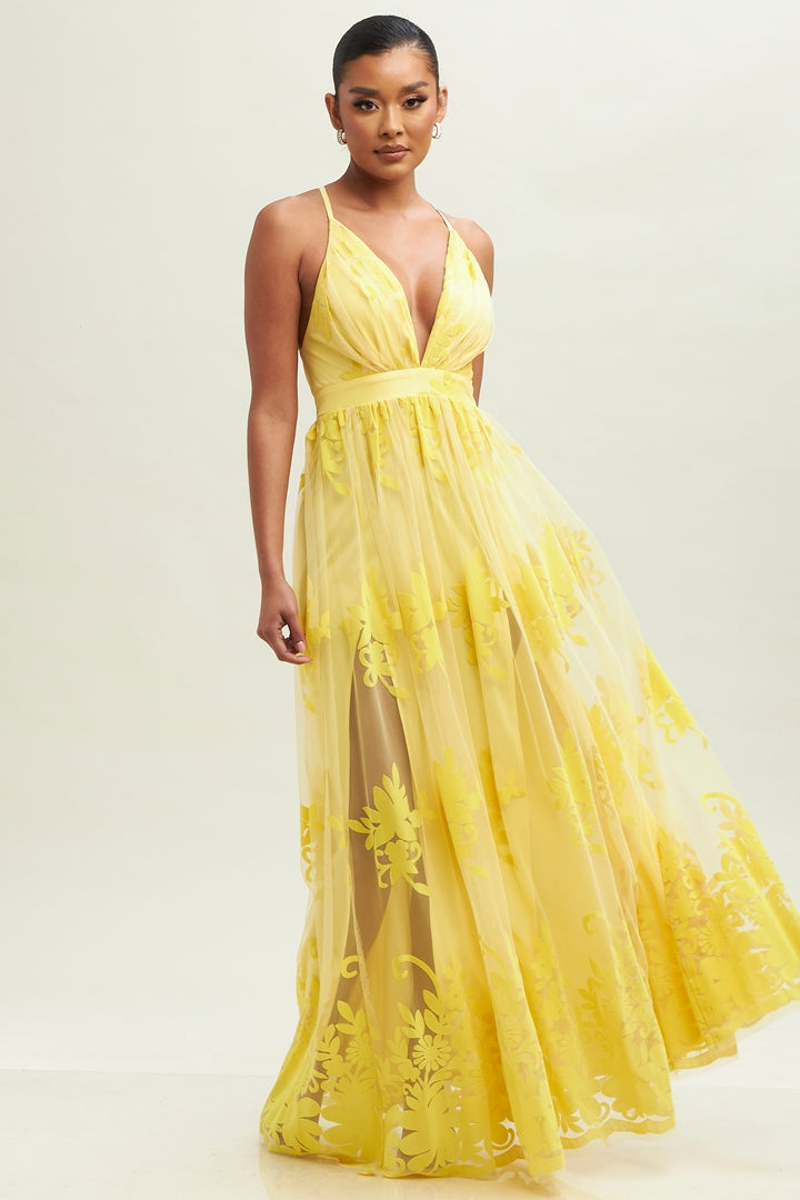 Floral Flocked Mesh Maxi Elegance