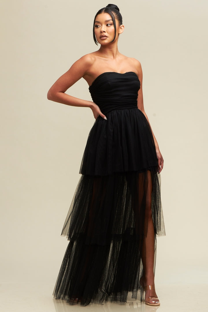 Mesh Tiered Maxi Elegance Off Shoulder-Dresses