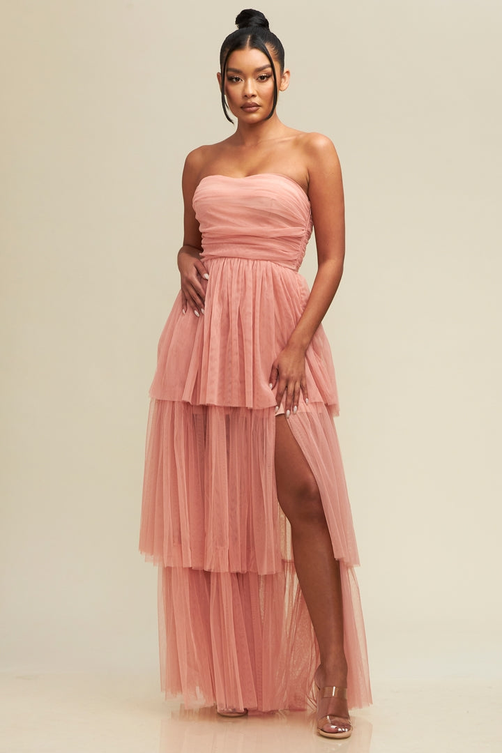 Mesh Tiered Maxi Elegance Off Shoulder-Dresses