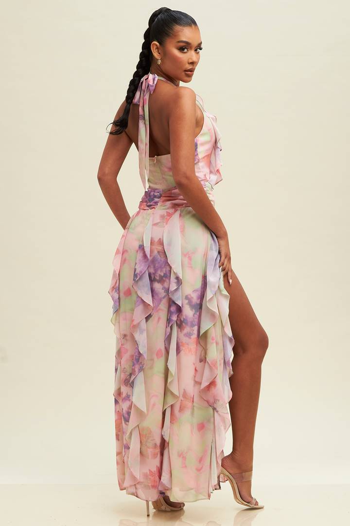 Vintage Halter Ruffle Maxi Dress-Dresses