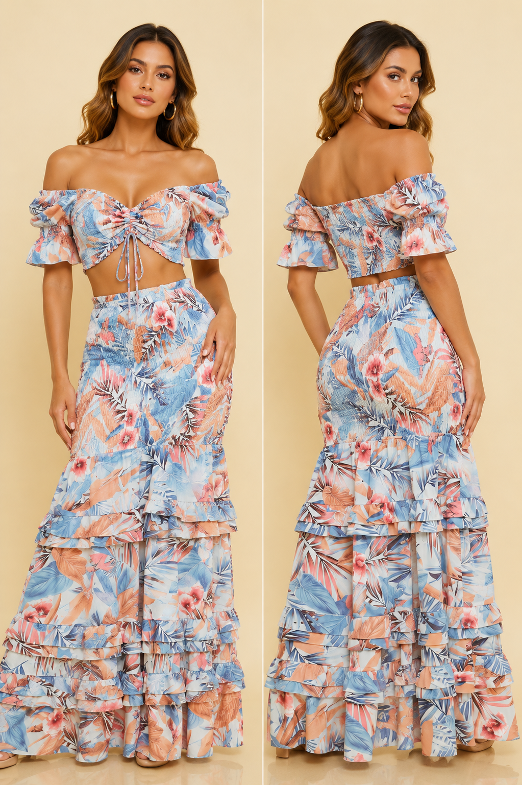 Tropical Print Crop Top and Skirt Set in Light Blue