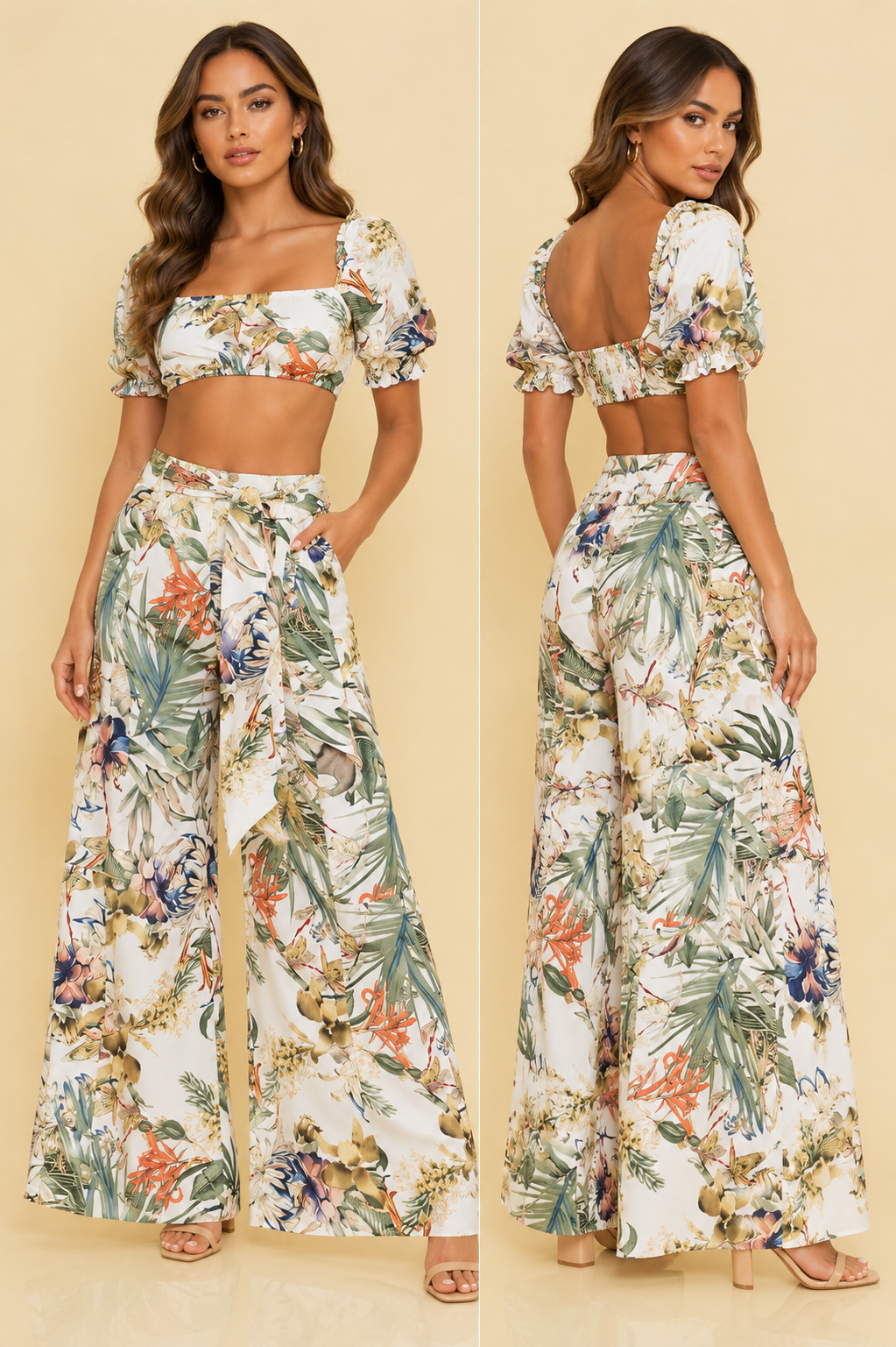 Tropical Print Crop Top and Wide Leg Pants Set in White