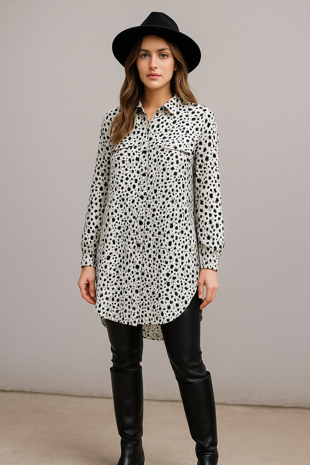 Woman wearing a long, patterned shirt with black pants and a hat against a neutral background