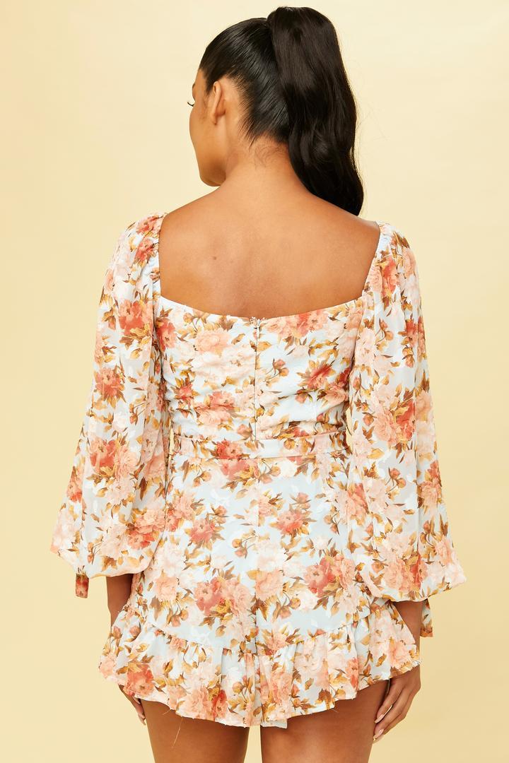 Floral Long Sleeve Romper in Light Blue-ROMPER