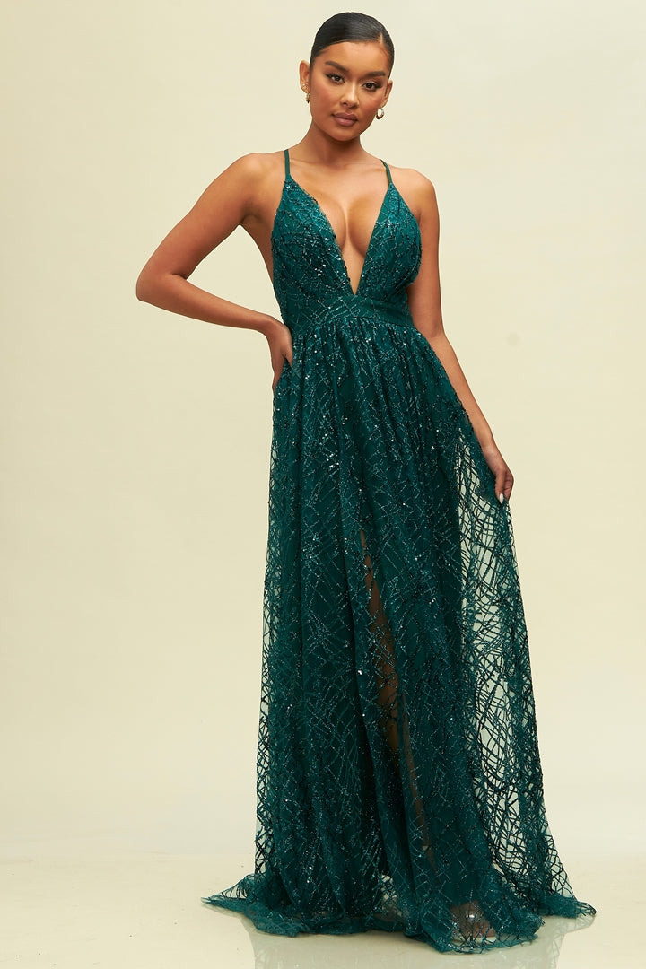 Nina Morena | Glitter and Sequin Top Mesh Gown HUNTER GREEN / LARGE Nina Morena | Glitter and Sequin Top Mesh Gown HUNTER GREEN / LARGE