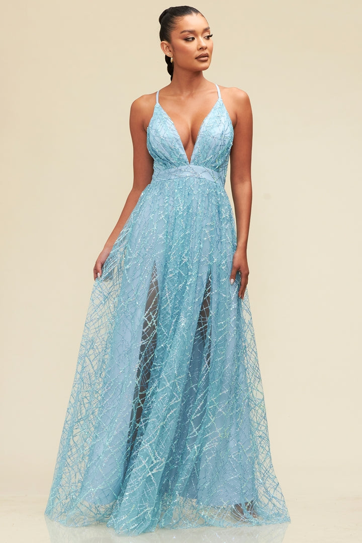Glitter and Sequin Top Mesh Gown
