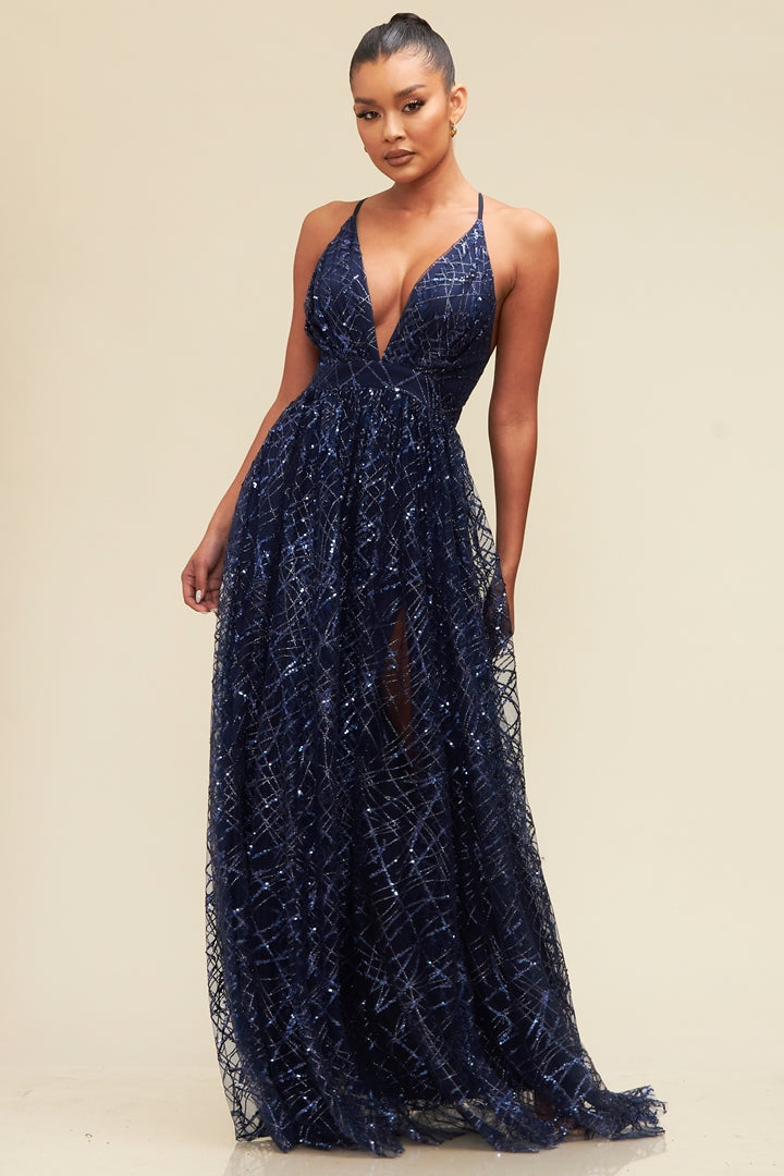 Glitter and Sequin Top Mesh Gown-MAXI DRESS