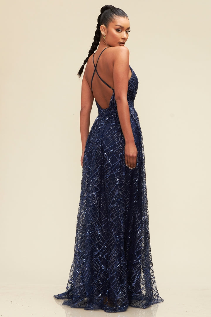 Glitter and Sequin Top Mesh Gown-MAXI DRESS