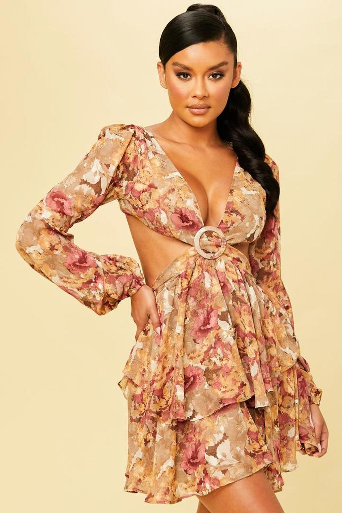 Lace-Up Floral Print Mini Dress in Mocha Wine-DRESS