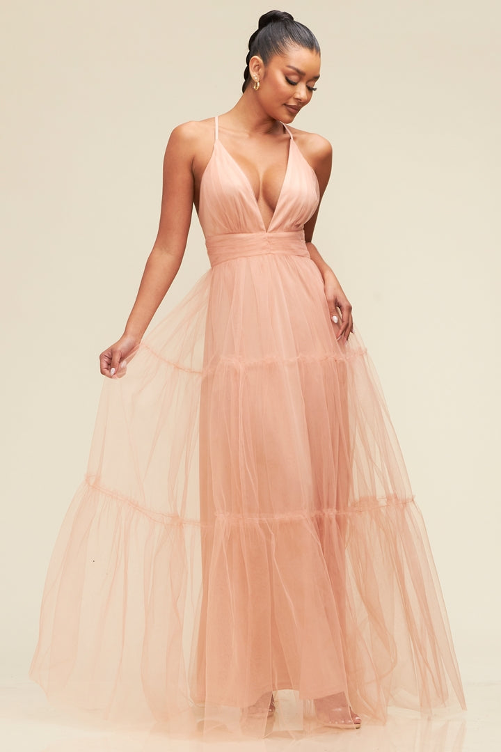 Tiered Mesh Maxi Dress-DRESS
