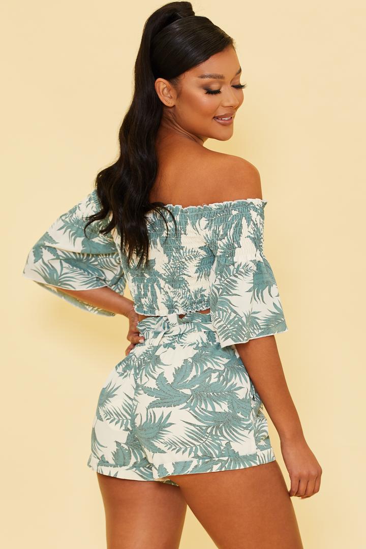 Printed Crop Top and Short Set in White Green-TOP SHORT SET