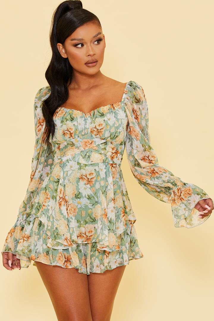 Long Sleeves Floral Skort Romper in Light Green