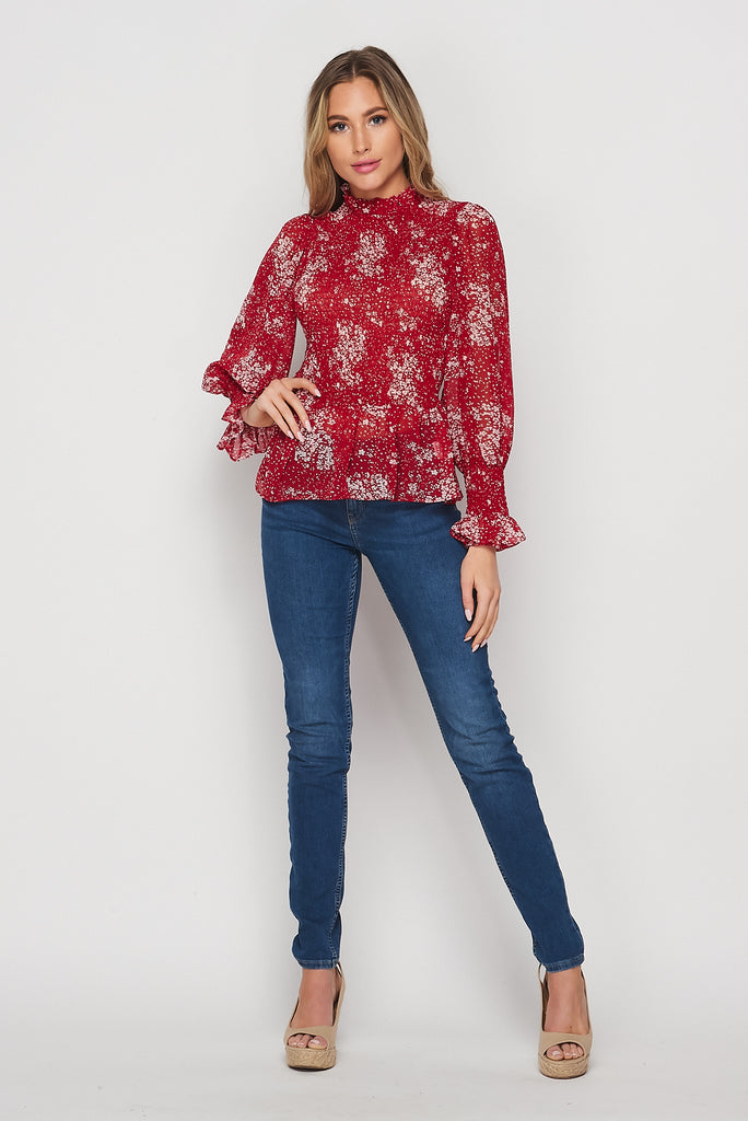 Long Sleeve Smocked Peplum Top In Cranberry-TOP