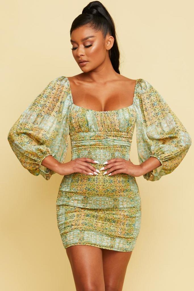 Smocked Mini Dress in Green-DRESS