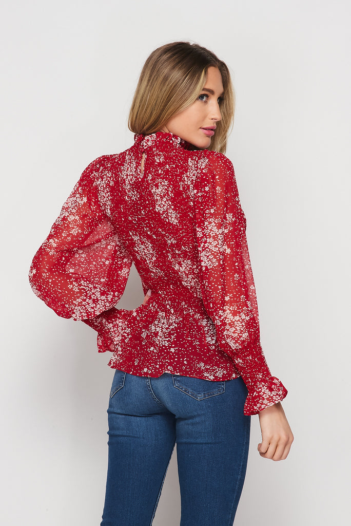 Long Sleeve Smocked Peplum Top In Cranberry-TOP