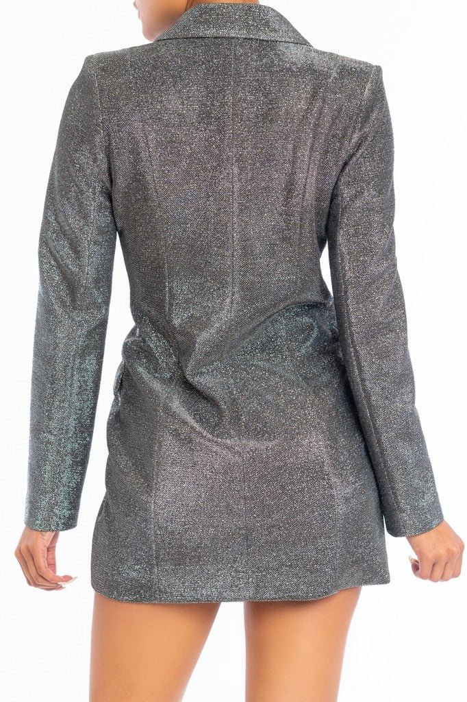 Blazer Mini Dress in Glitter Silver Black-DRESS