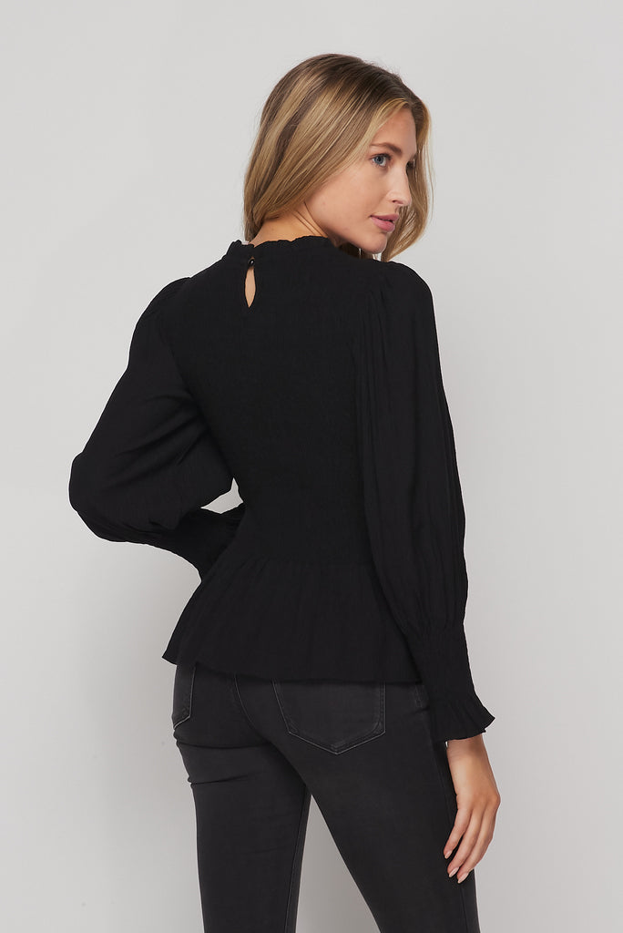 Long Sleeve Smocked Peplum Top In Black-TOP