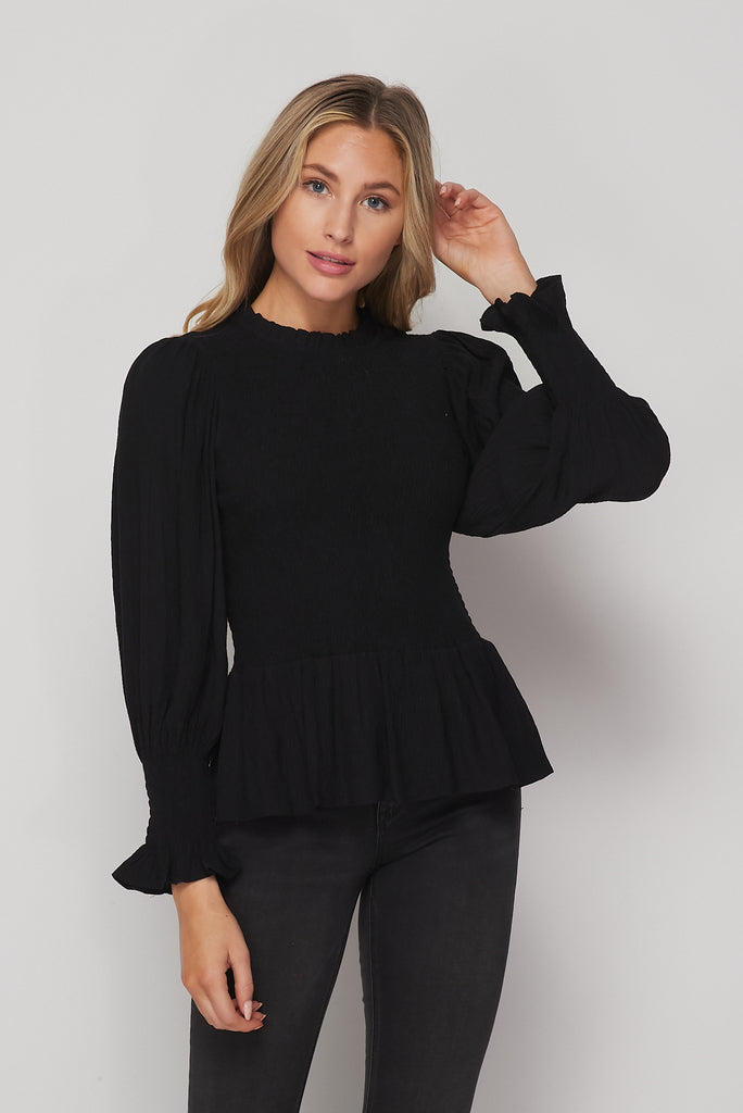 Long Sleeve Smocked Peplum Top In Black-TOP