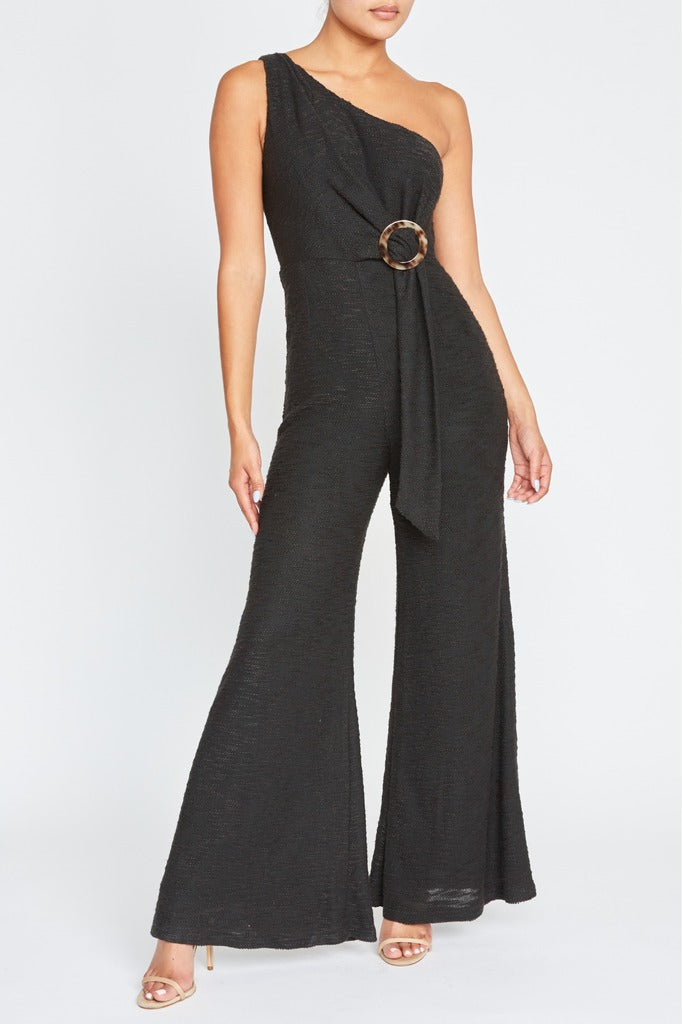 One Shoulder Jumpsuit in Black Crochet Knit-JUMPSUIT