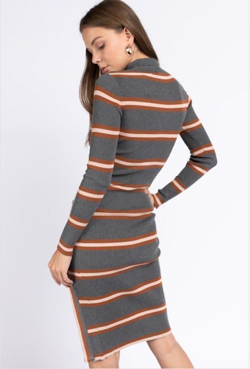 Striped Turtleneck Sweater Dress In Charcoal-SWEATER DRESS