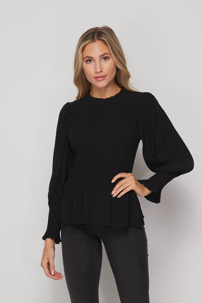 Long Sleeve Smocked Peplum Top In Black-TOP