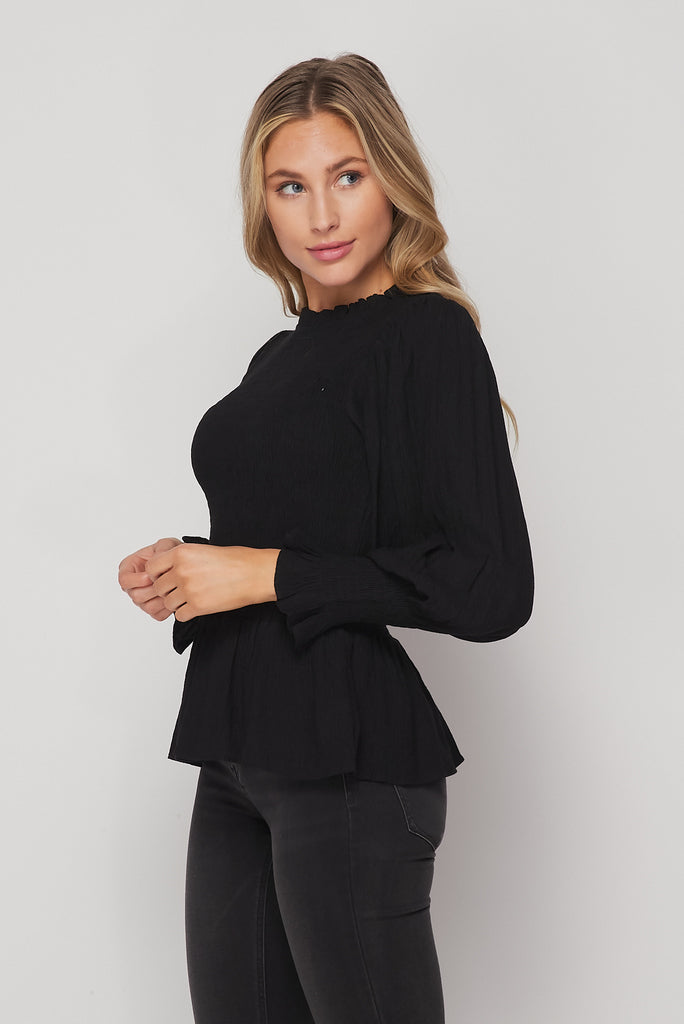 Long Sleeve Smocked Peplum Top In Black-TOP