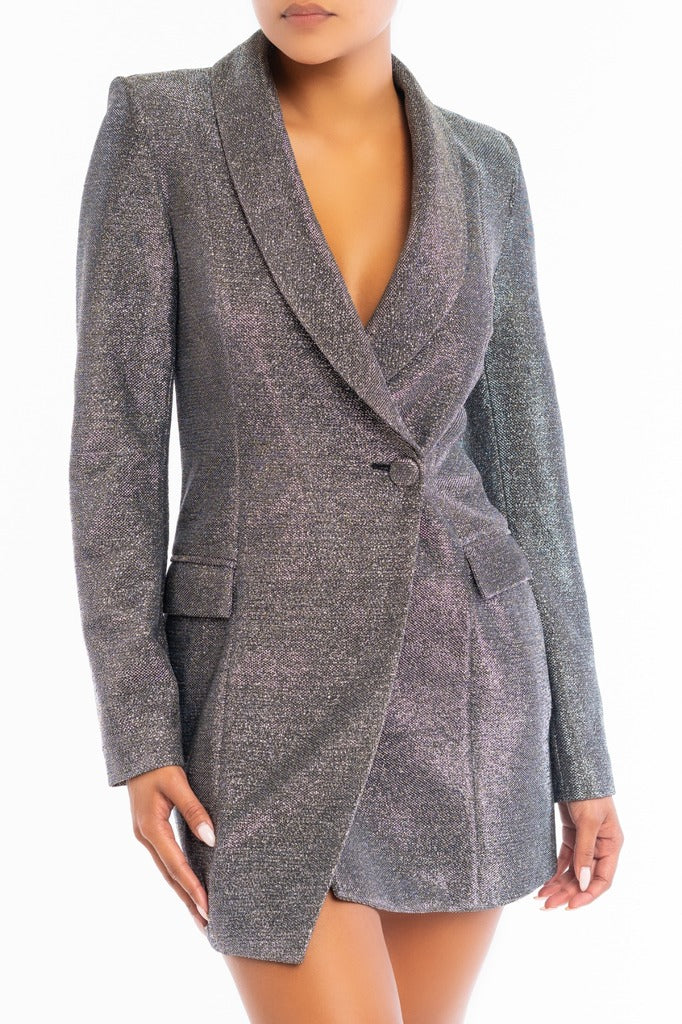 Blazer Mini Dress in Glitter Silver Black-DRESS