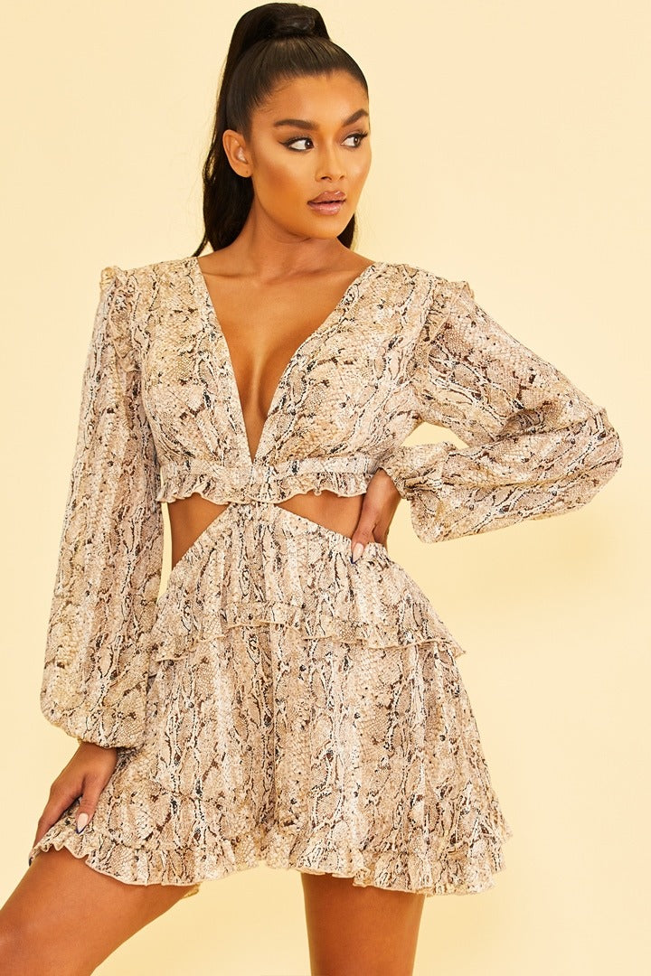 Lace-Up Romper in Snake Brown-ROMPER
