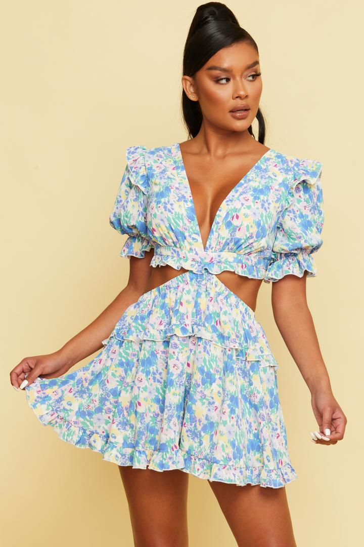 Lace-Up Romper in Blue-ROMPER