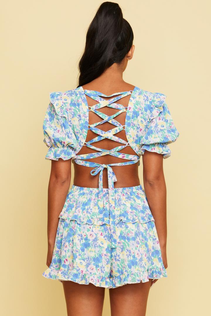 Lace-Up Romper in Blue-ROMPER