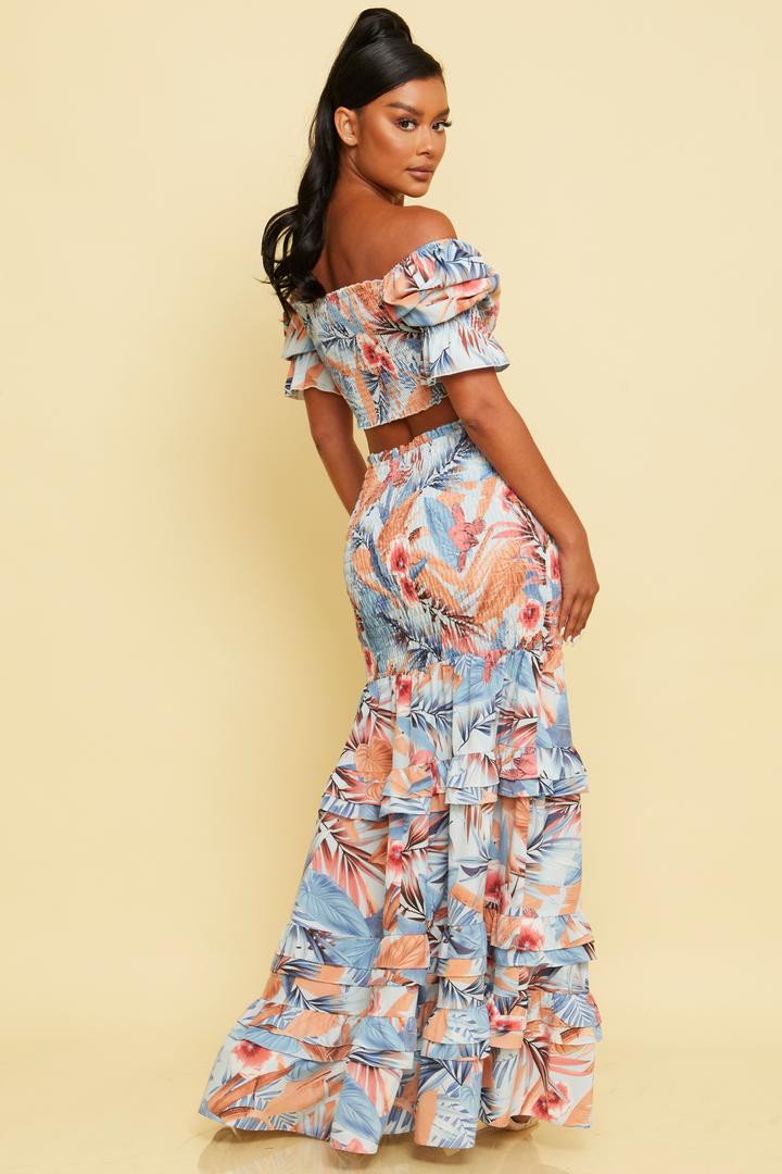 Tropical Print Crop Top and Skirt Set in Light Blue-TOP SKIRT SET