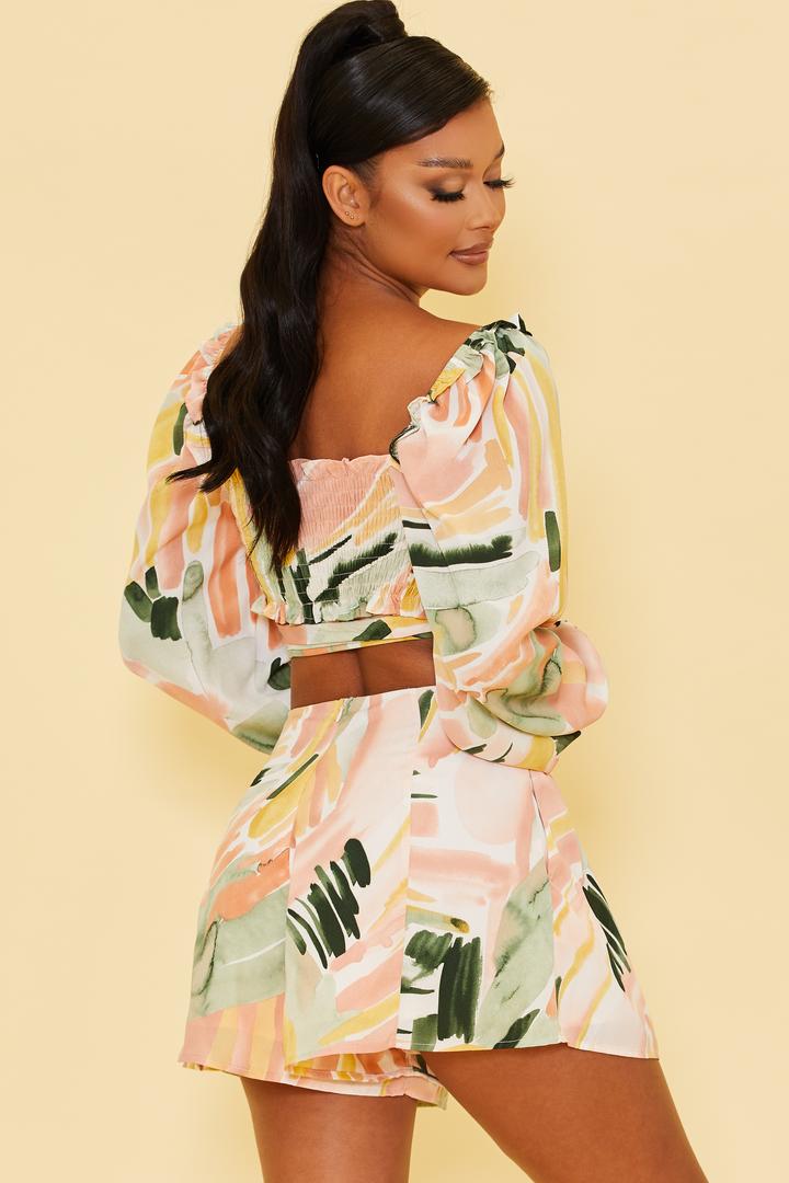 Abstract Print Crop Top and Shorts Set in Pink Mint-TOP SHORT SET