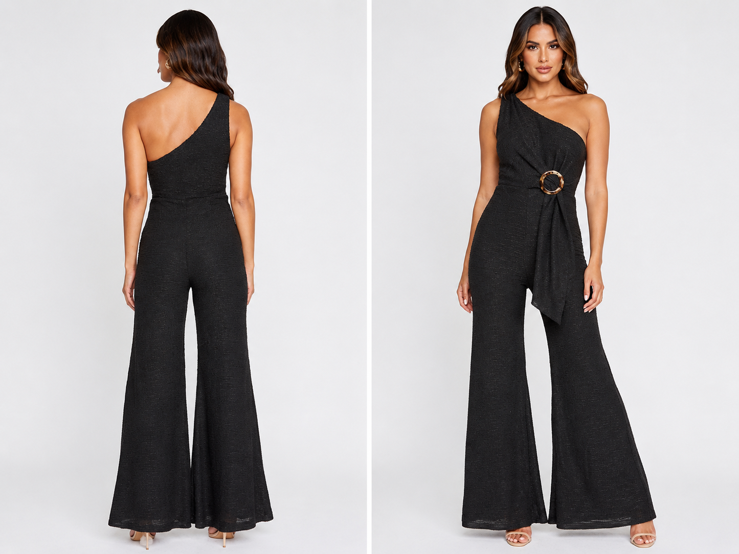 Black one-shoulder jumpsuit worn by a model on a white background