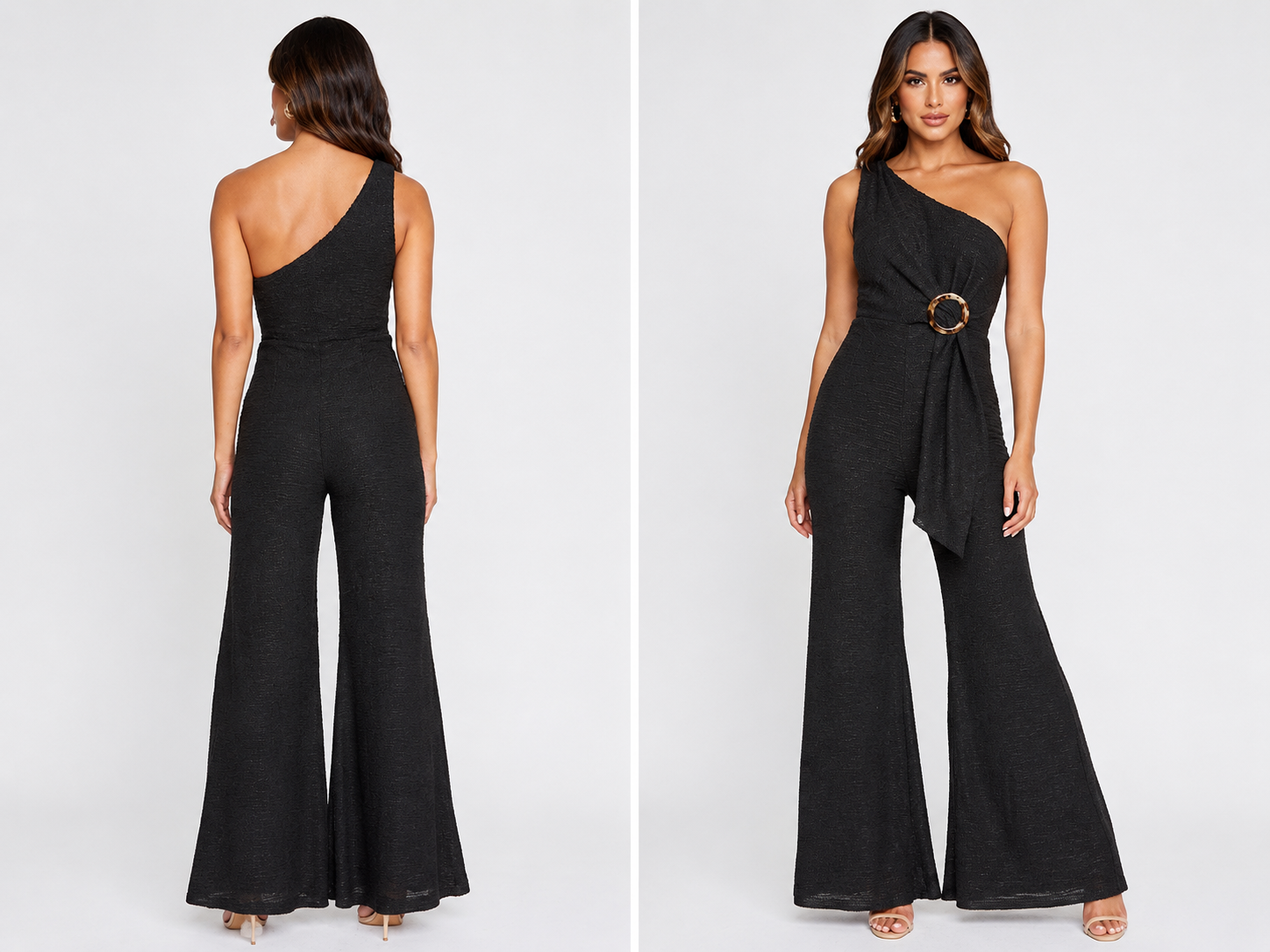Black one-shoulder jumpsuit worn by a model on a white background