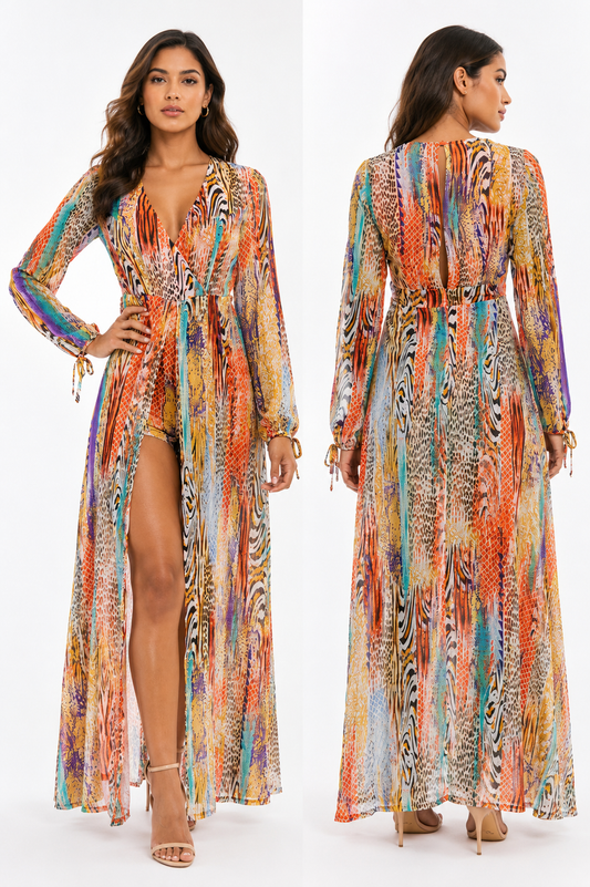 Anitta Orange Animal Print Maxi Romper
