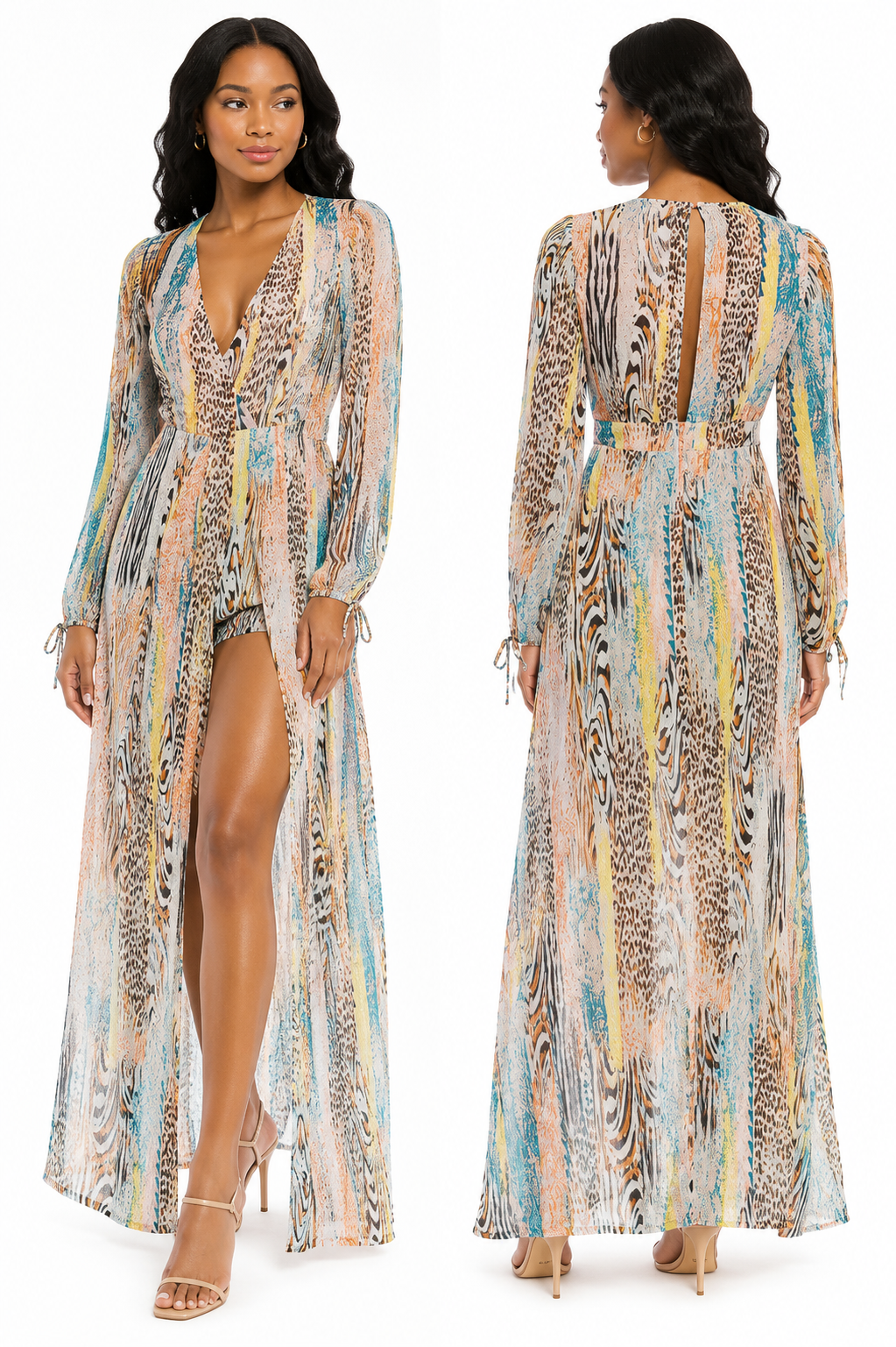 Woman wearing a long, patterned dress with a front slit, shown from front and back views.