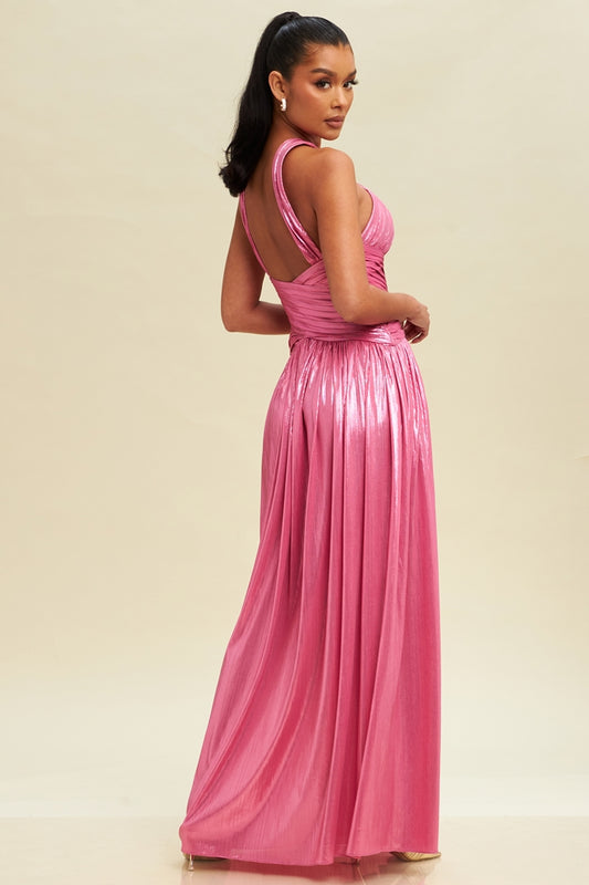Ethereal Shores Pleated Metallic Gown-MAXI DRESS