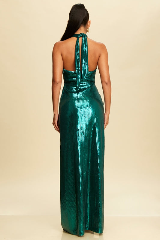 Aria Romance Women's Shimmering Sequin Halter Maxi Gown - Luminous Apricot Red-Carpet Dress