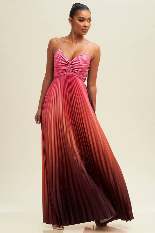 Ombre Pleated Maxi Dress-Dresses