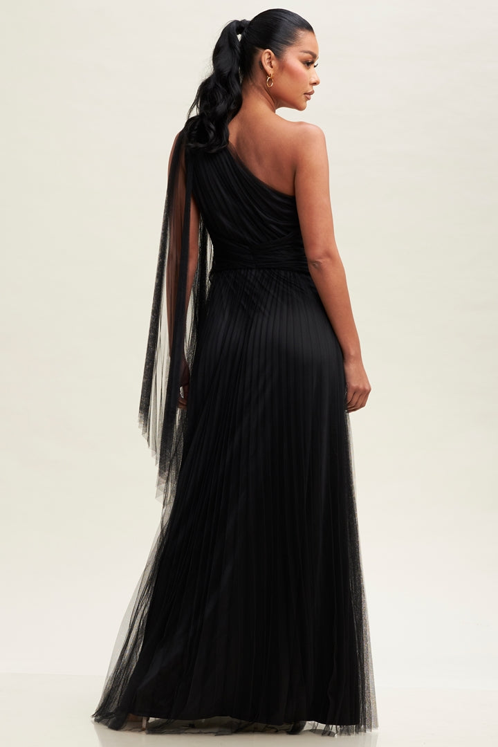 Allure in Pleated Mesh One-Shoulder Maxi Dress