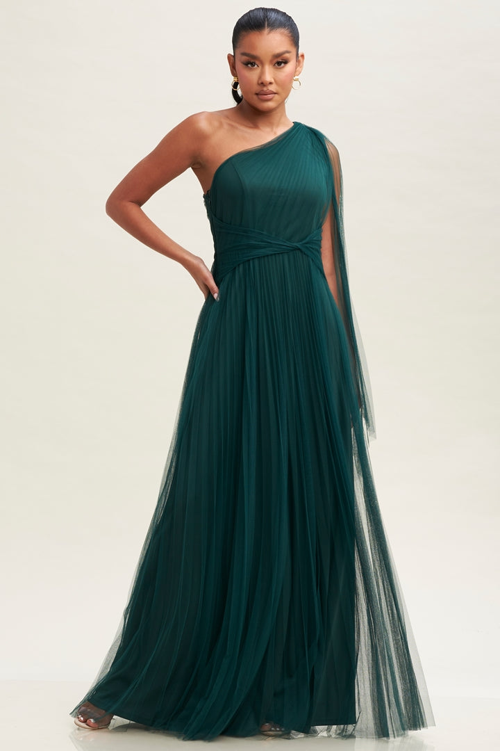 Allure in Pleated Mesh One-Shoulder Maxi Dress