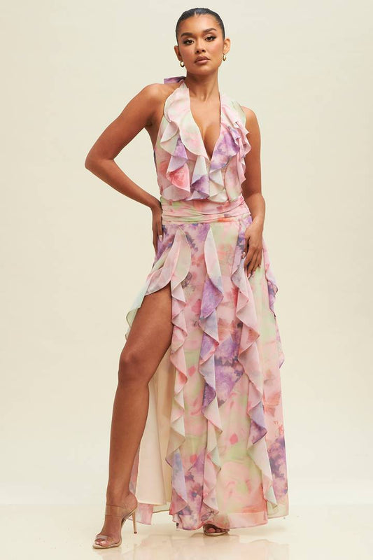 Vintage Halter Ruffle Maxi Dress-Dresses