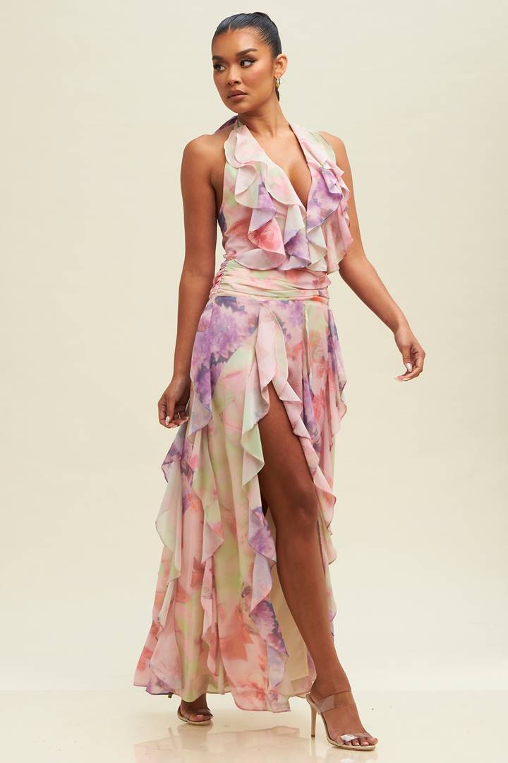 Vintage Halter Ruffle Maxi Dress-Dresses