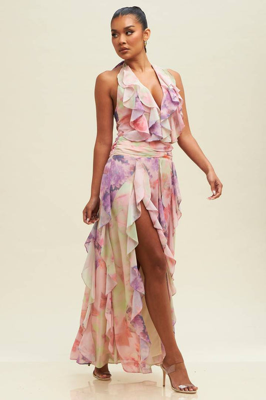 Vintage Halter Ruffle Maxi Dress-Dresses